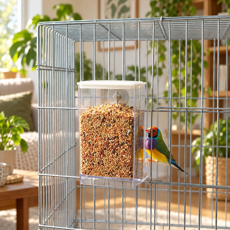 Clear feeder filled with seed mix hanging on the wire of a cage, with a colourful finch perched at the tray. 2