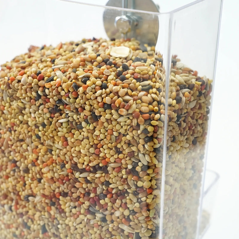 Close-up of the clear plastic hopper packed with mixed seeds, with the metal mounting washer visible at the top. 3