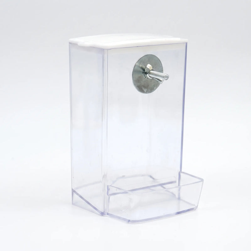 Empty clear feeder with a white lid, a metal washer and bolt for fixing to the cage, and a front tray. 4