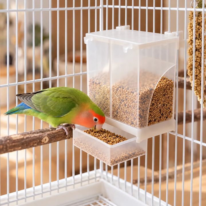 Dispenser hanging on a white cage, filled with seed, while a green lovebird with an orange face perches and eats from the tray. 2
