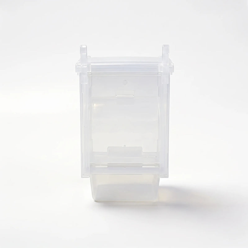 Front view of the empty clear plastic feeder on a plain white background, showing its hanging hooks and open seed tray. 1