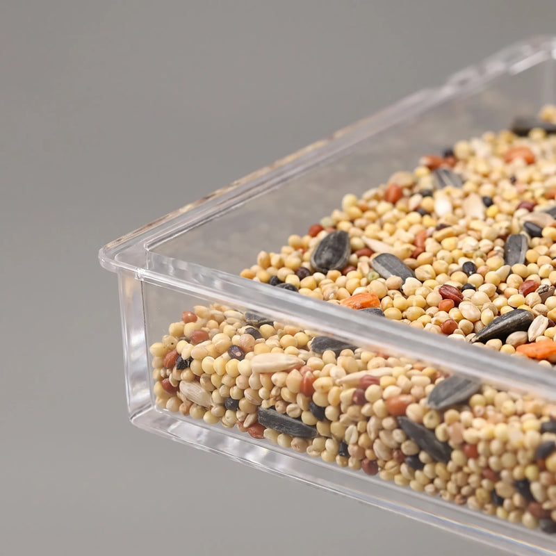 Close-up of the transparent feeding tray corner, showing mixed seeds and sunflower kernels sitting inside the clear plastic. 3