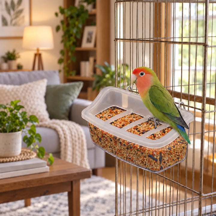 Clear seed-filled feeder hung on a cage with a green and orange lovebird perched on its rim in a living room. 2