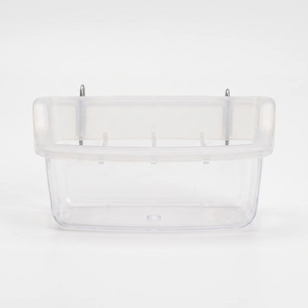 Front view of the empty small clear feeder with divider ribs and two metal hooks at the top for hanging. 6