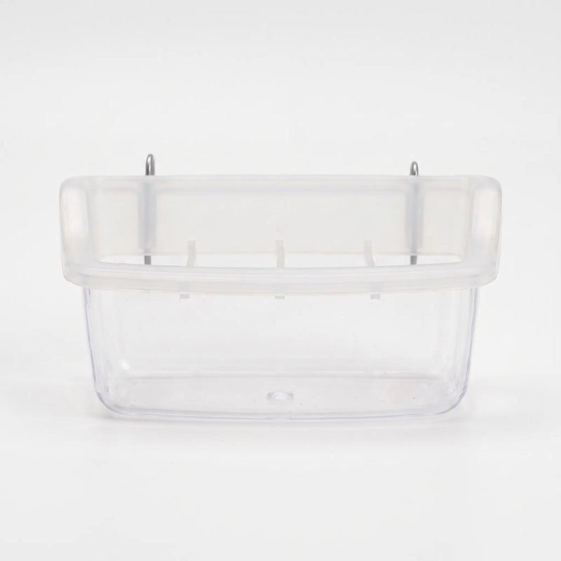 Front view of the empty small clear feeder with divider ribs and two metal hooks at the top for hanging. 6