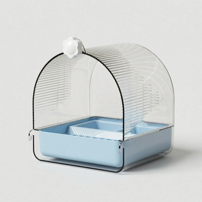 Bath with a pale blue base and white knob, shown on a plain light background without a cage. 5