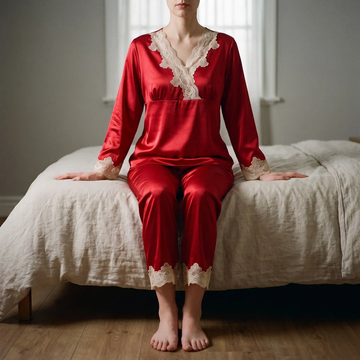 Woman seated on the edge of a linen-covered bed, wearing the red satin pyjamas with cream lace trim on neckline, cuffs and hems. 1