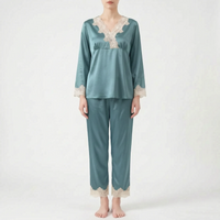 Full-length front view of the pyjama set in teal-blue satin with cream lace trim, worn by a standing model. 7