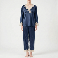 Full-length front view of the pyjama set in navy blue satin with cream lace trim, worn by a standing model. 8