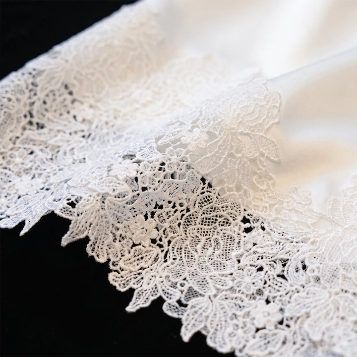 Close-up of the floral lace trim on white satin fabric, showing the intricate openwork flowers and scalloped edge against a black background. 5