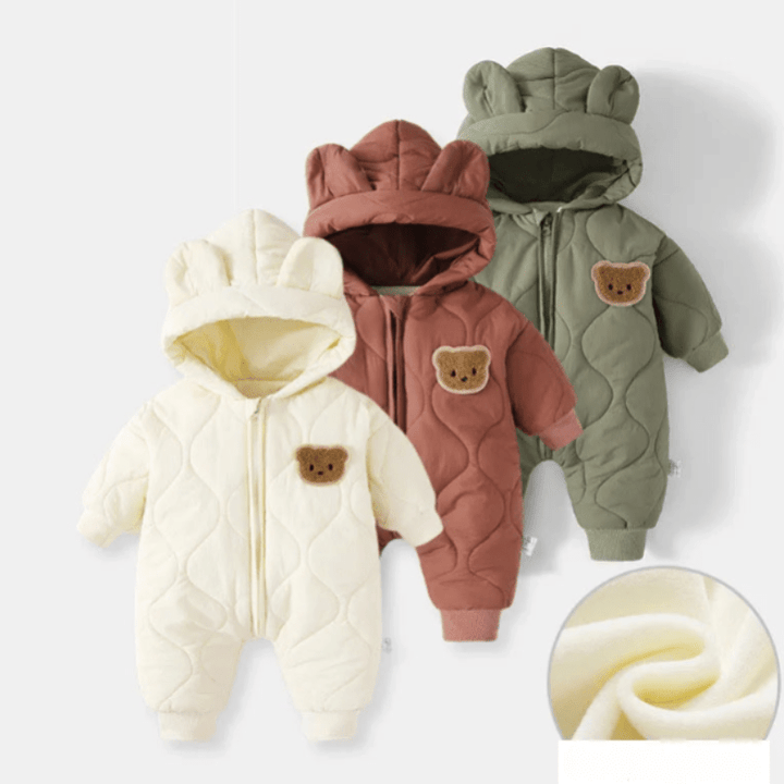 Hooded baby snowsuit with bear motif – cosy & warm for winter