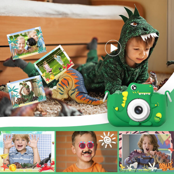 Children's camera with HD capability and dinosaur design for first photography adventures