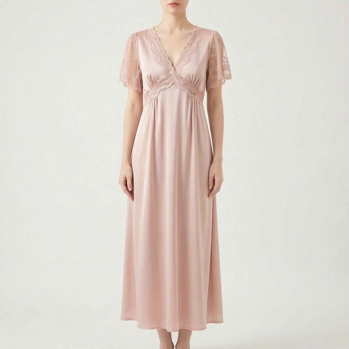 V-Neck Lace Trim Nightgown - Cathy