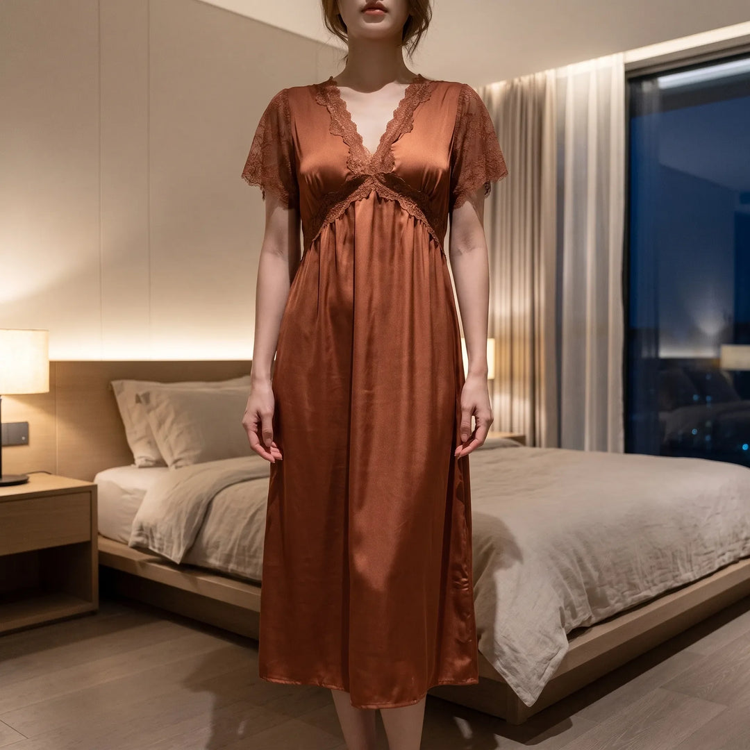 V-Neck Lace Trim Nightgown - Cathy