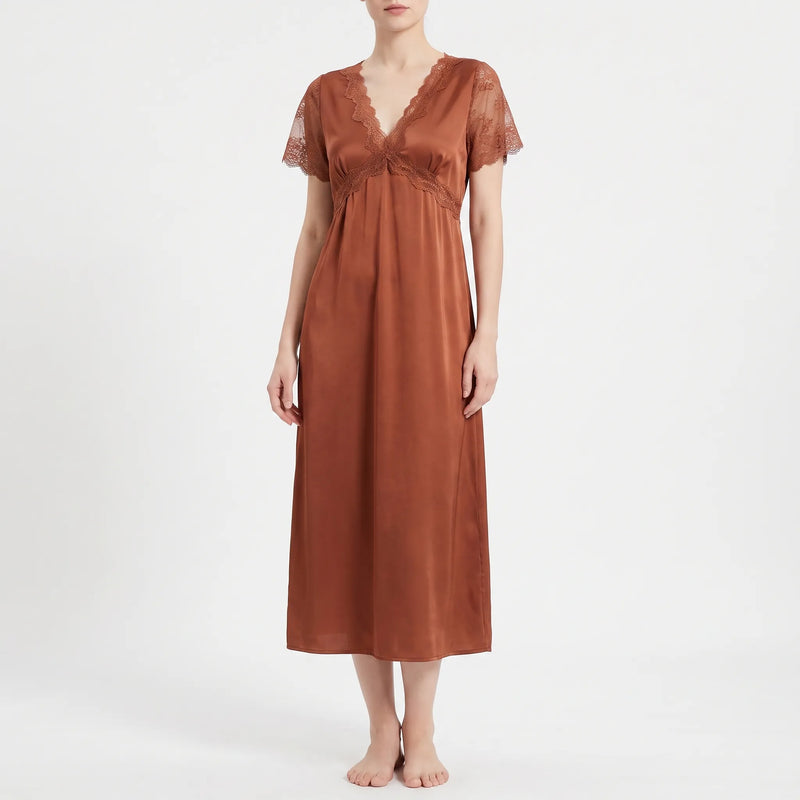 V-Neck Lace Trim Nightgown - Cathy