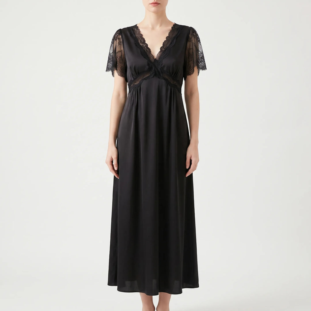 V-Neck Lace Trim Nightgown - Cathy