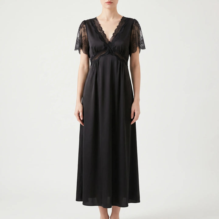 V-Neck Lace Trim Nightgown - Cathy