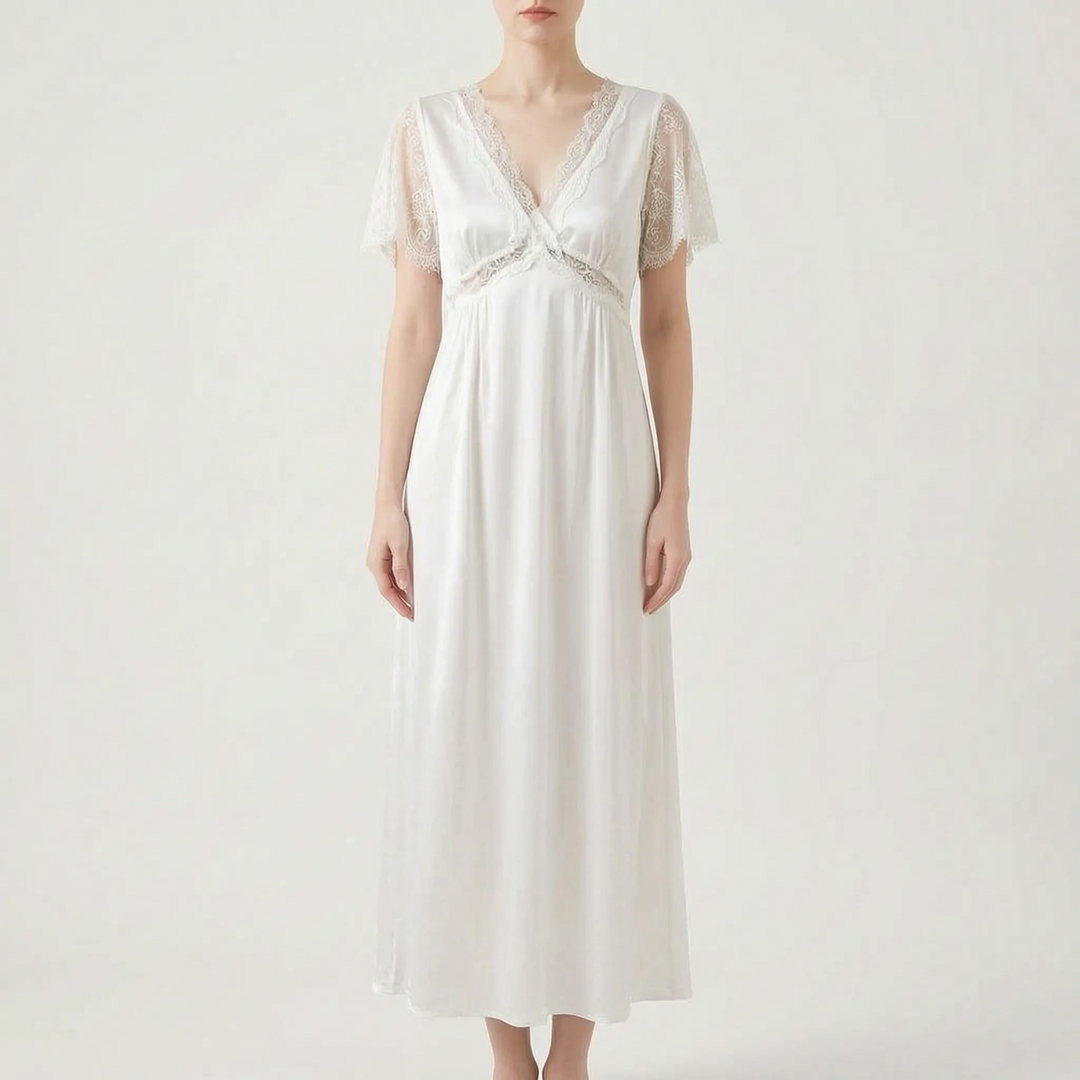 V-Neck Lace Trim Nightgown - Cathy