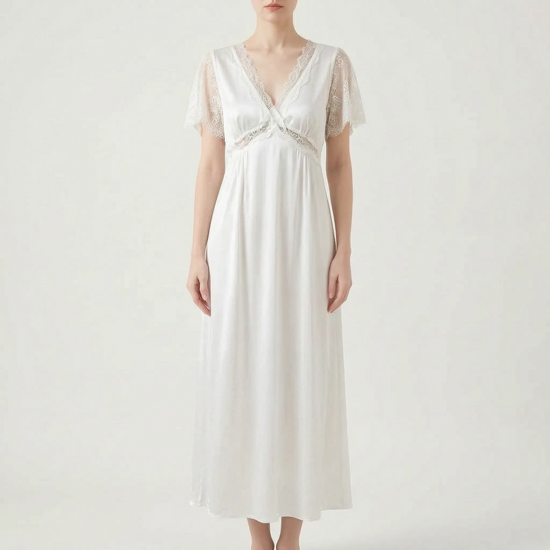 V-Neck Lace Trim Nightgown - Cathy