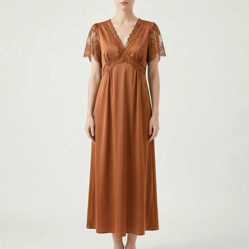 V-Neck Lace Trim Nightgown - Cathy