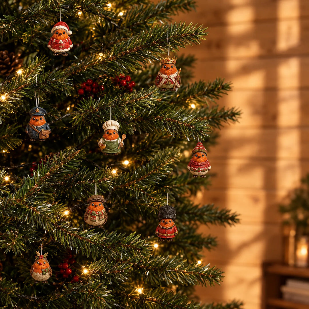 Small robin figurines in festive costumes, including a king, a chef and a postman, hanging from a lit Christmas tree. 1