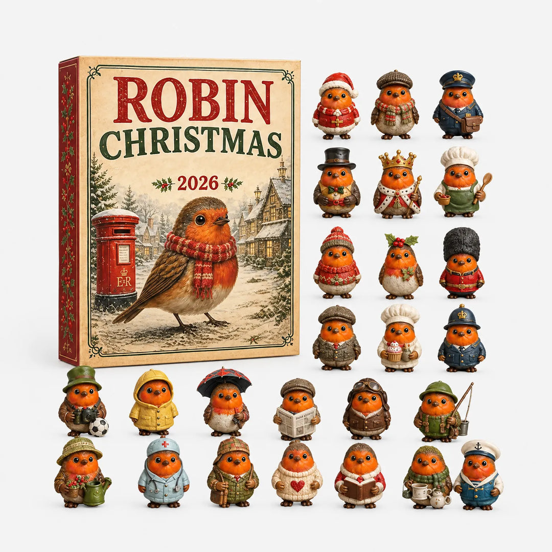 Illustrated robin-and-postbox gift box beside the full set of costumed robin figurines laid out in rows. 2
