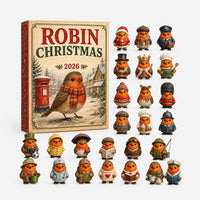 Illustrated robin-and-postbox gift box beside the full set of costumed robin figurines laid out in rows. 2