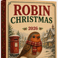 Close-up of the front of the box, showing a scarf-wearing robin in a snowy village beside a red postbox. 3