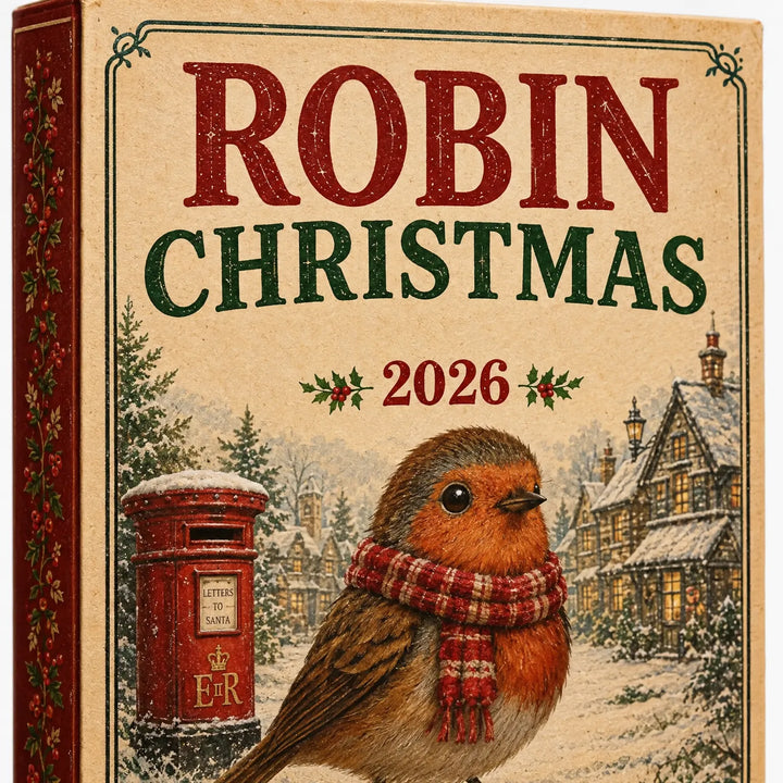 Close-up of the front of the box, showing a scarf-wearing robin in a snowy village beside a red postbox. 3