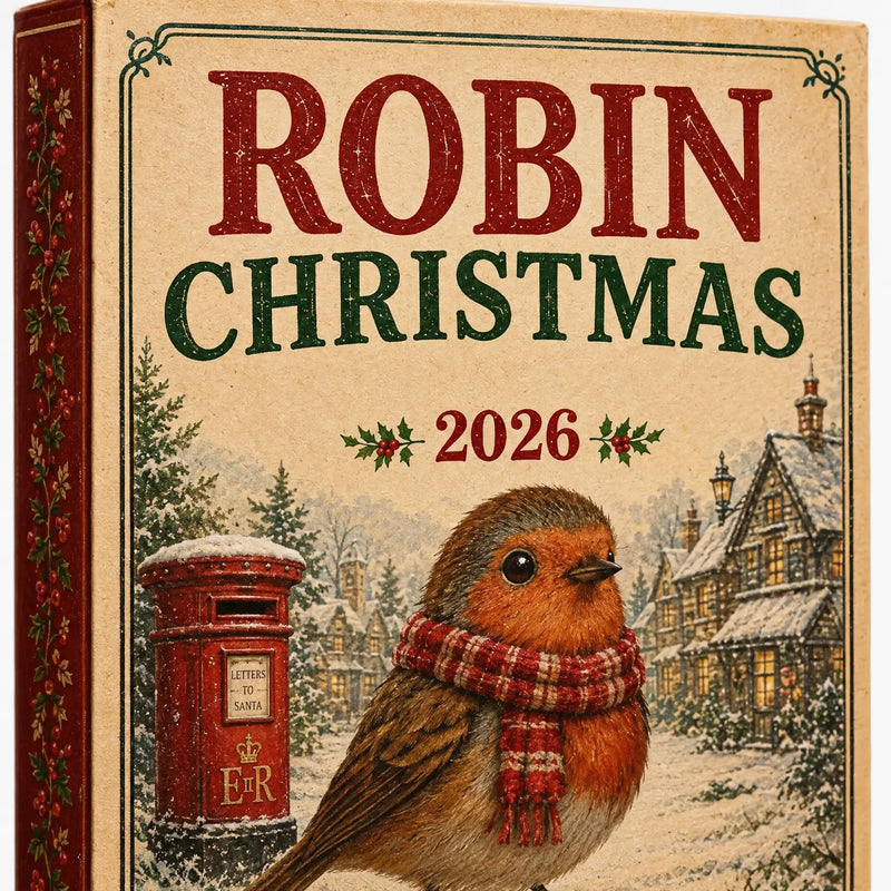 Close-up of the front of the box, showing a scarf-wearing robin in a snowy village beside a red postbox. 3