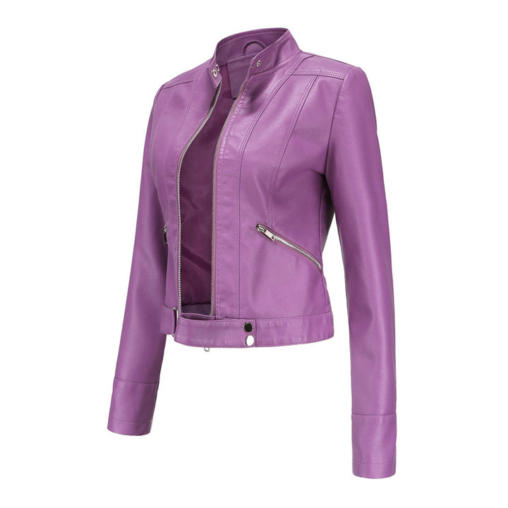 Three-quarter side view of the deeper purple jacket, unzipped, showing the diagonal zip pocket and hem strap 7