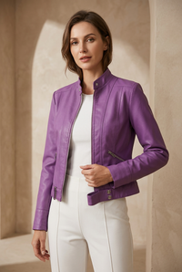Woman wearing the purple cropped jacket unzipped over a white top and trousers in a neutral setting 1