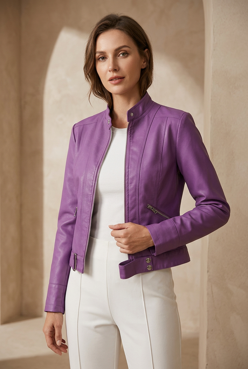 Woman wearing the purple cropped jacket unzipped over a white top and trousers in a neutral setting 1