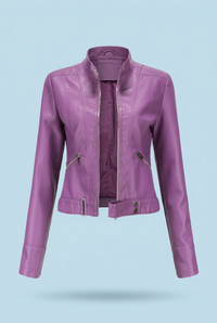 Purple cropped jacket unzipped on a pale blue background, showing the lining and hem strap 3