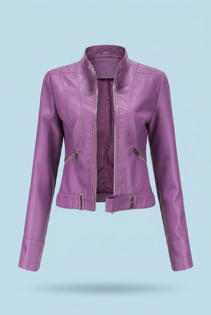 Purple cropped jacket unzipped on a pale blue background, showing the lining and hem strap 3