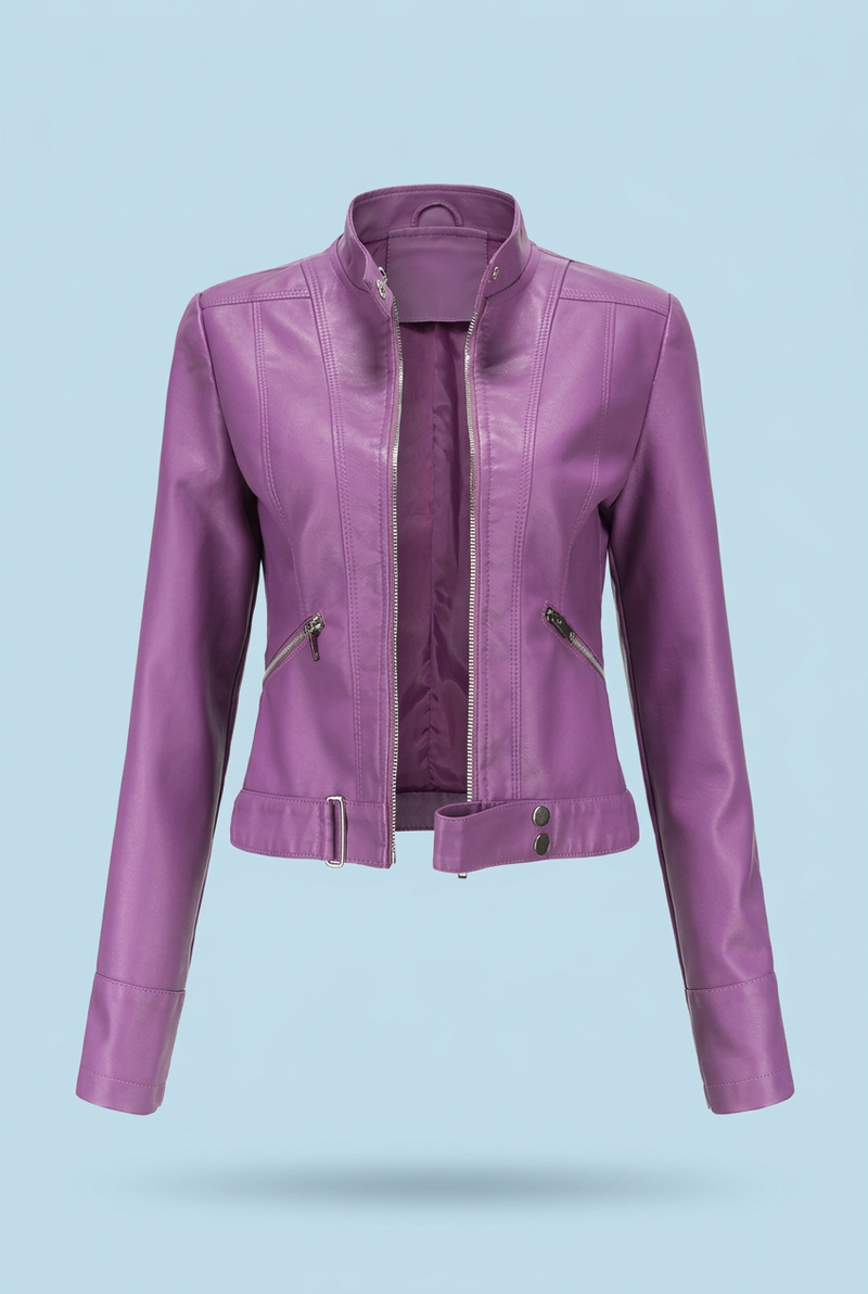 Purple cropped jacket unzipped on a pale blue background, showing the lining and hem strap 3