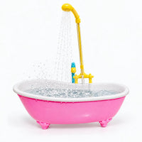 Pink clawfoot-style plastic bird bath with a yellow shower head spraying water and splashes into the filled white basin. 1