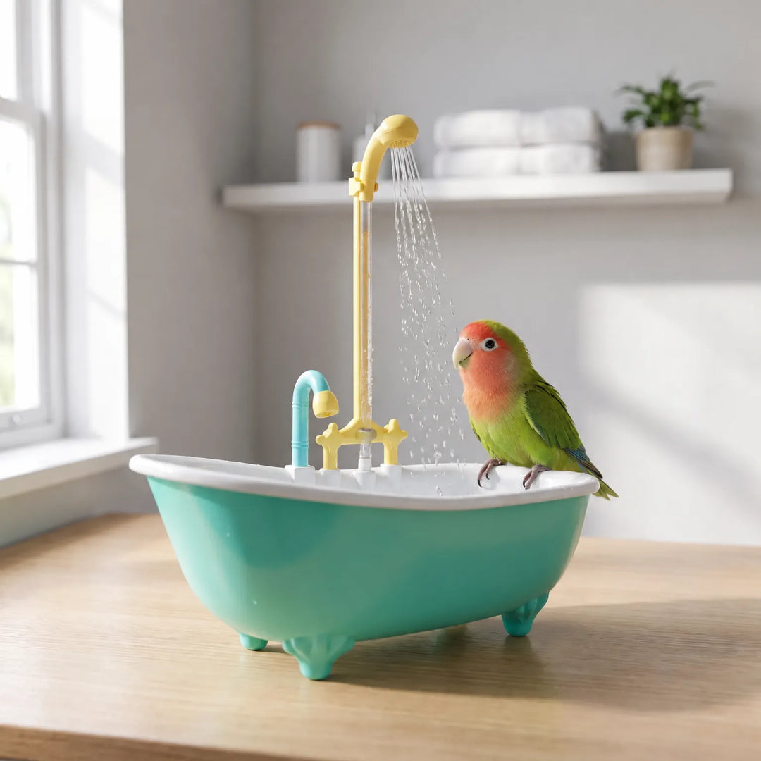 Small green and yellow-fronted parrot perched on the rim of a turquoise bird bath while the shower sprays beside it. 2