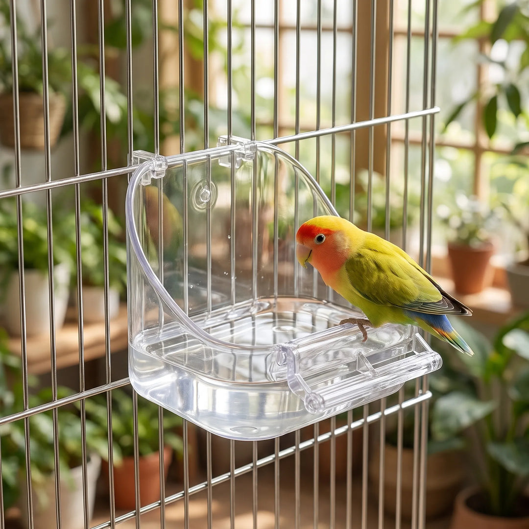 Clear plastic bath hooked onto a cage's metal bars, holding water, with a lovebird perched on the front bar. 2