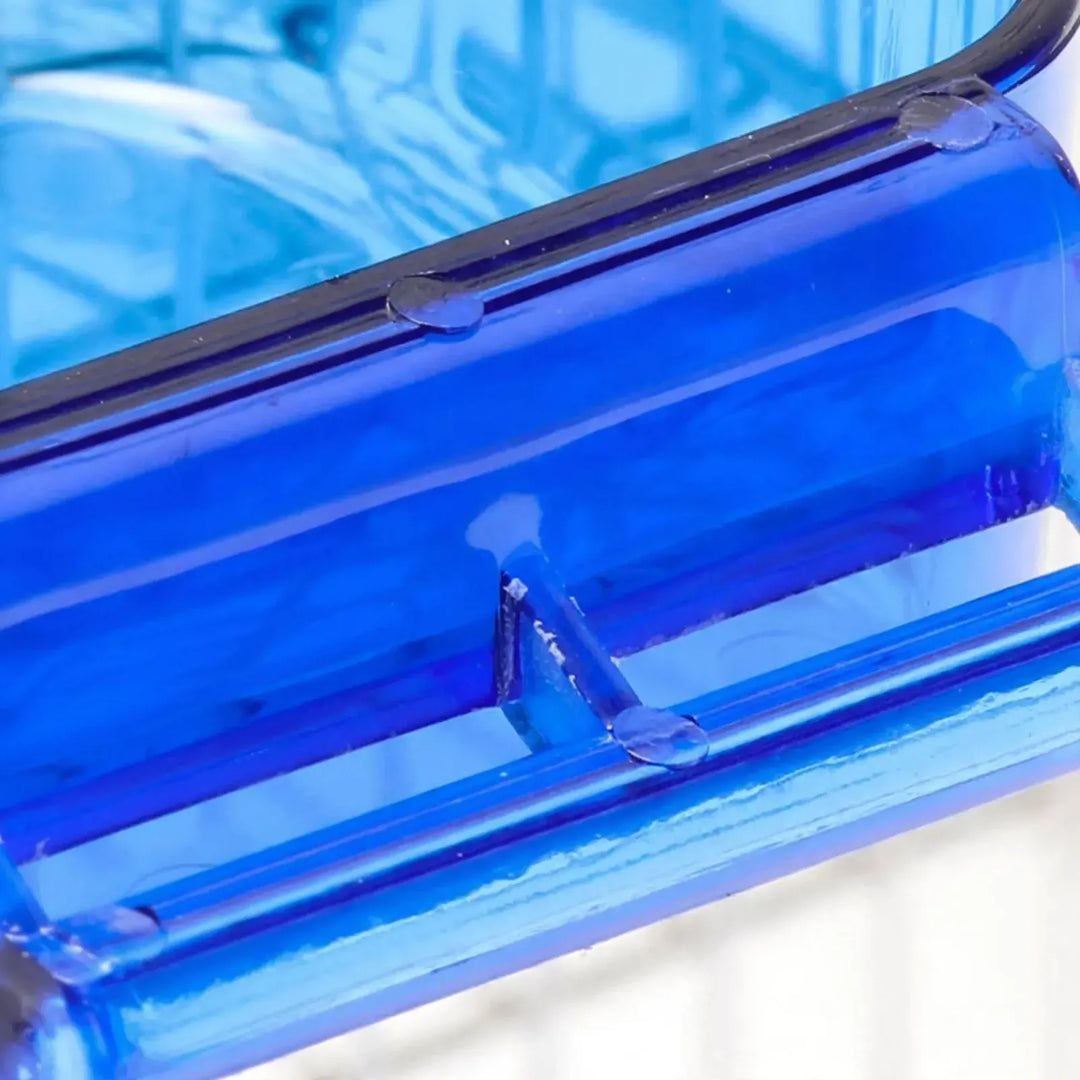 Close-up of the blue plastic perch bar and its small support rib at the front of the bath. 3