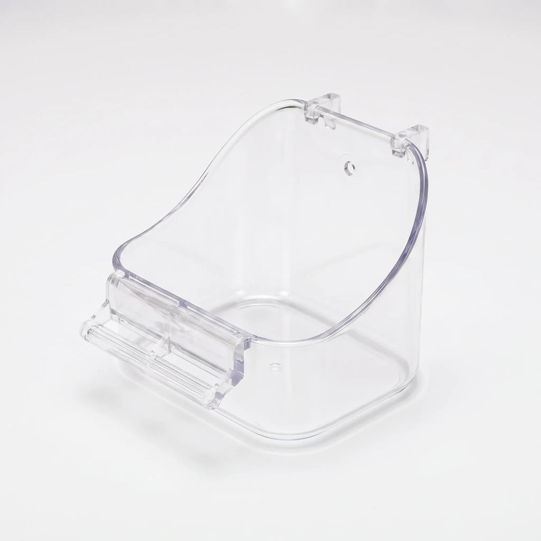 Clear transparent version of the hanging bath with curved back, two hooks and a front perch, on a white background. 4