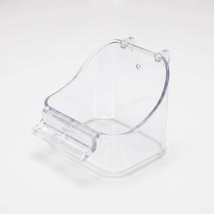 Clear transparent version of the hanging bath with curved back, two hooks and a front perch, on a white background. 4