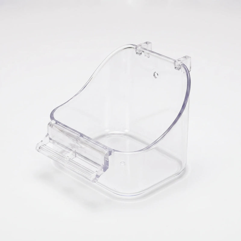 Clear transparent version of the hanging bath with curved back, two hooks and a front perch, on a white background. 4