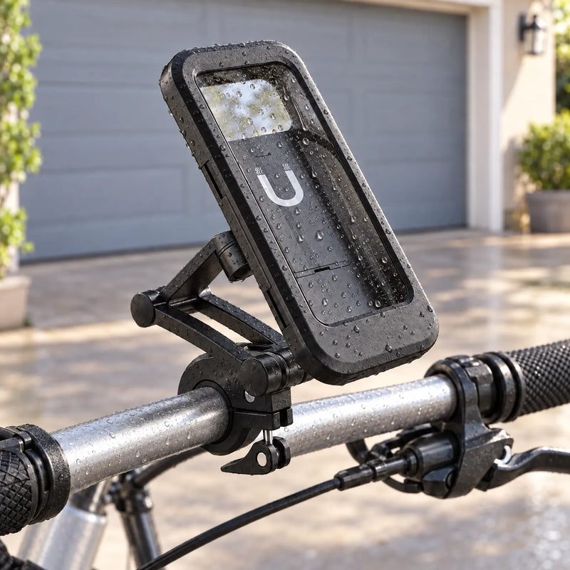 Black phone mount clamped to a bike handlebar outdoors, its clear case and metal bar covered in water droplets after rain. 1