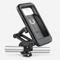 Black phone mount with a clear window and folding arm, clamped around a silver tube, shown on a plain white background. 2