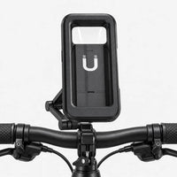Front view of the black phone mount attached to the center of a black bike handlebar between the grips. 4