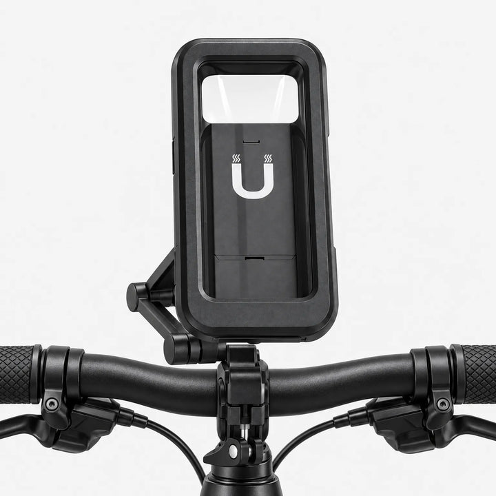 Front view of the black phone mount attached to the center of a black bike handlebar between the grips. 4