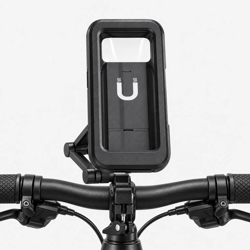 Front view of the black phone mount attached to the center of a black bike handlebar between the grips. 4