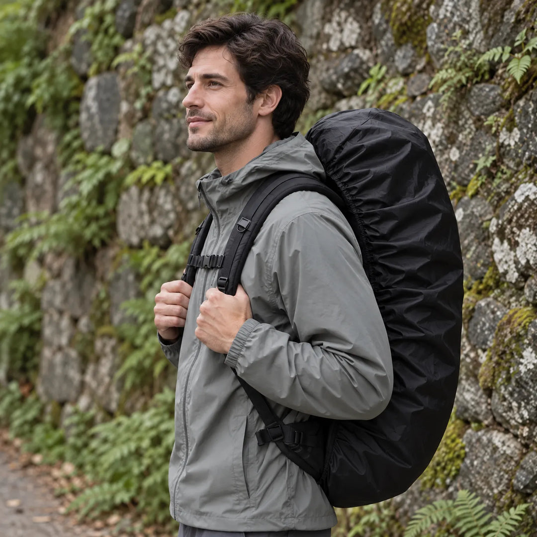 Smiling man in a grey jacket carries a rucksack wrapped in a black elasticated cover, standing beside a mossy stone wall. 1