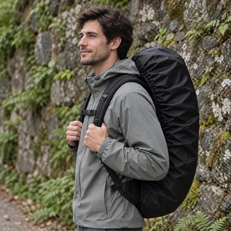 Smiling man in a grey jacket carries a rucksack wrapped in a black elasticated cover, standing beside a mossy stone wall. 1